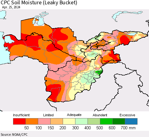Central Asia CPC Soil Moisture (Leaky Bucket) Thematic Map For 4/21/2024 - 4/25/2024