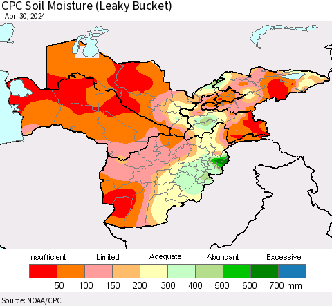 Central Asia CPC Soil Moisture (Leaky Bucket) Thematic Map For 4/26/2024 - 4/30/2024