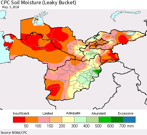Central Asia CPC Soil Moisture (Leaky Bucket) Thematic Map For 5/1/2024 - 5/5/2024