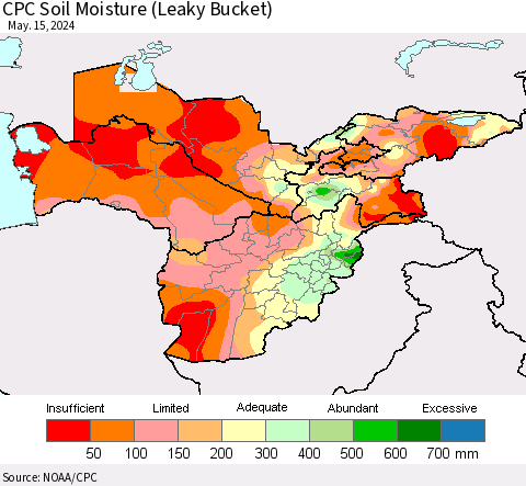 Central Asia CPC Soil Moisture (Leaky Bucket) Thematic Map For 5/11/2024 - 5/15/2024