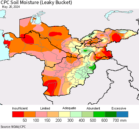 Central Asia CPC Soil Moisture (Leaky Bucket) Thematic Map For 5/16/2024 - 5/20/2024