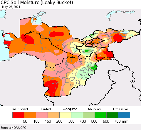 Central Asia CPC Soil Moisture (Leaky Bucket) Thematic Map For 5/21/2024 - 5/25/2024