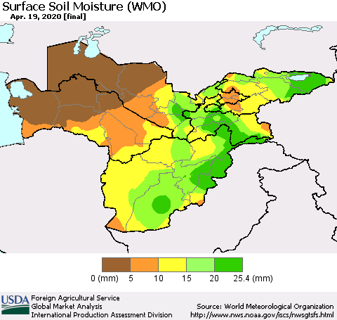 Central Asia Surface Soil Moisture (WMO) Thematic Map For 4/13/2020 - 4/19/2020
