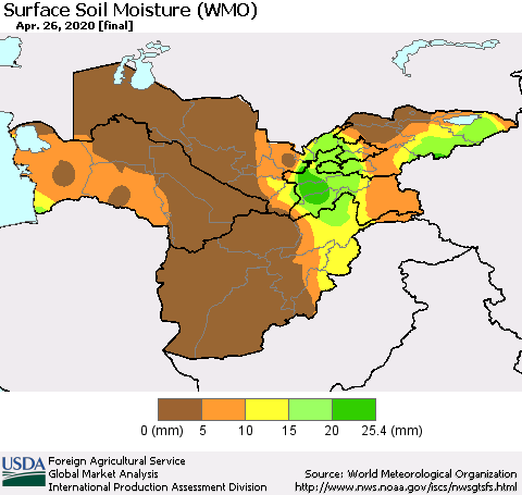 Central Asia Surface Soil Moisture (WMO) Thematic Map For 4/20/2020 - 4/26/2020