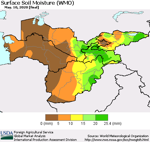 Central Asia Surface Soil Moisture (WMO) Thematic Map For 5/4/2020 - 5/10/2020