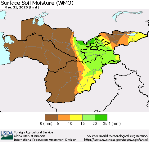 Central Asia Surface Soil Moisture (WMO) Thematic Map For 5/25/2020 - 5/31/2020