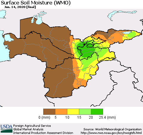 Central Asia Surface Soil Moisture (WMO) Thematic Map For 6/8/2020 - 6/14/2020