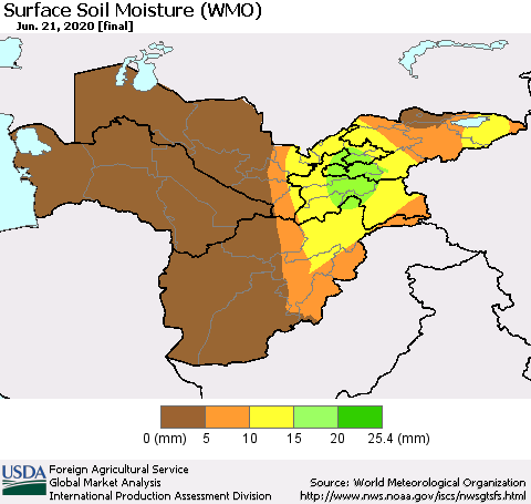 Central Asia Surface Soil Moisture (WMO) Thematic Map For 6/15/2020 - 6/21/2020