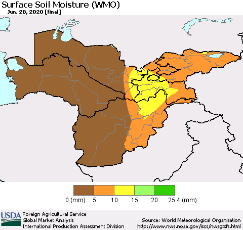 Central Asia Surface Soil Moisture (WMO) Thematic Map For 6/22/2020 - 6/28/2020