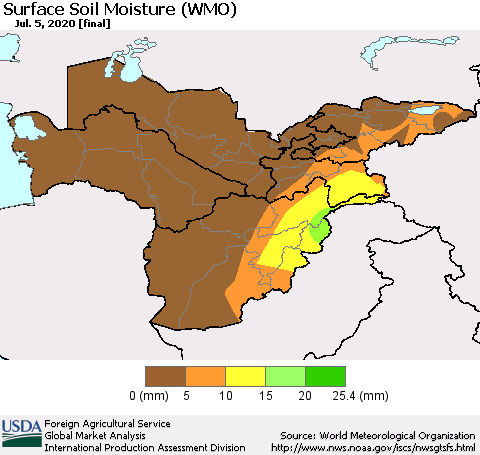 Central Asia Surface Soil Moisture (WMO) Thematic Map For 6/29/2020 - 7/5/2020