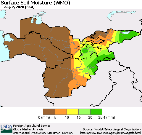 Central Asia Surface Soil Moisture (WMO) Thematic Map For 7/27/2020 - 8/2/2020