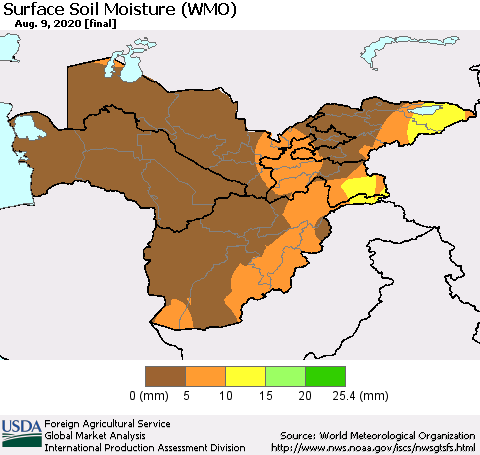 Central Asia Surface Soil Moisture (WMO) Thematic Map For 8/3/2020 - 8/9/2020