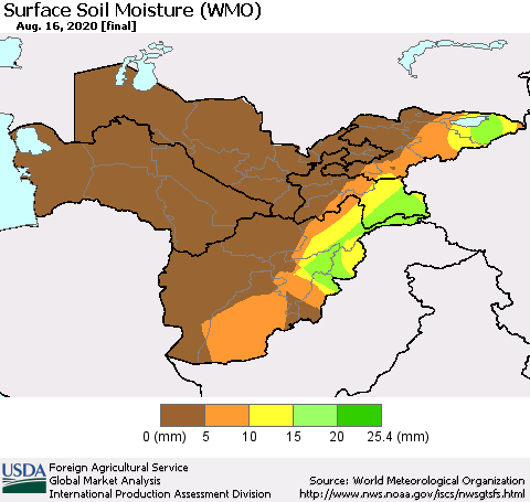 Central Asia Surface Soil Moisture (WMO) Thematic Map For 8/10/2020 - 8/16/2020