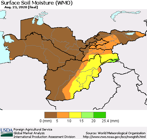 Central Asia Surface Soil Moisture (WMO) Thematic Map For 8/17/2020 - 8/23/2020