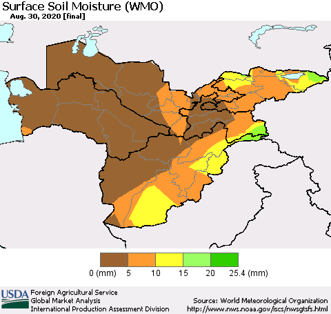 Central Asia Surface Soil Moisture (WMO) Thematic Map For 8/24/2020 - 8/30/2020