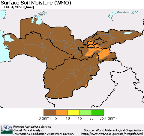 Central Asia Surface Soil Moisture (WMO) Thematic Map For 9/28/2020 - 10/4/2020