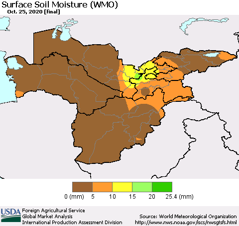 Central Asia Surface Soil Moisture (WMO) Thematic Map For 10/19/2020 - 10/25/2020