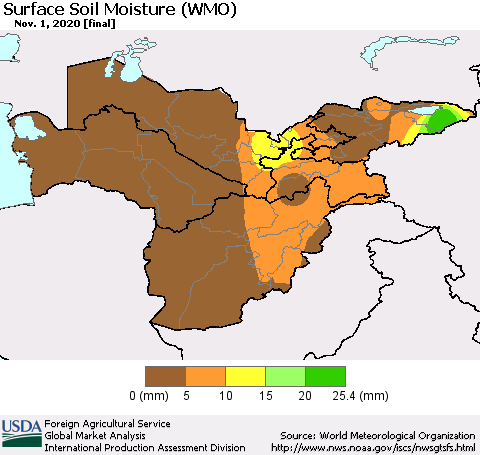 Central Asia Surface Soil Moisture (WMO) Thematic Map For 10/26/2020 - 11/1/2020