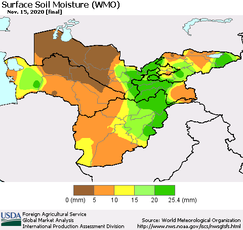 Central Asia Surface Soil Moisture (WMO) Thematic Map For 11/9/2020 - 11/15/2020