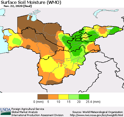 Central Asia Surface Soil Moisture (WMO) Thematic Map For 11/16/2020 - 11/22/2020