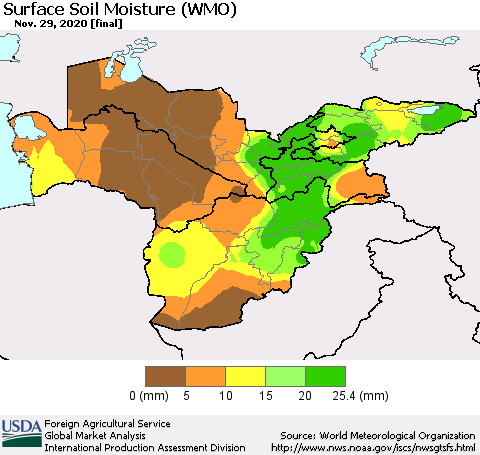 Central Asia Surface Soil Moisture (WMO) Thematic Map For 11/23/2020 - 11/29/2020