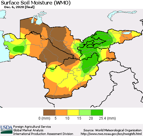 Central Asia Surface Soil Moisture (WMO) Thematic Map For 11/30/2020 - 12/6/2020
