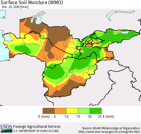 Central Asia Surface Soil Moisture (WMO) Thematic Map For 12/14/2020 - 12/20/2020