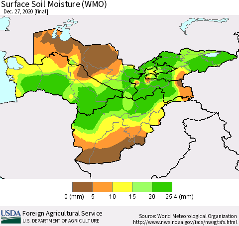 Central Asia Surface Soil Moisture (WMO) Thematic Map For 12/21/2020 - 12/27/2020