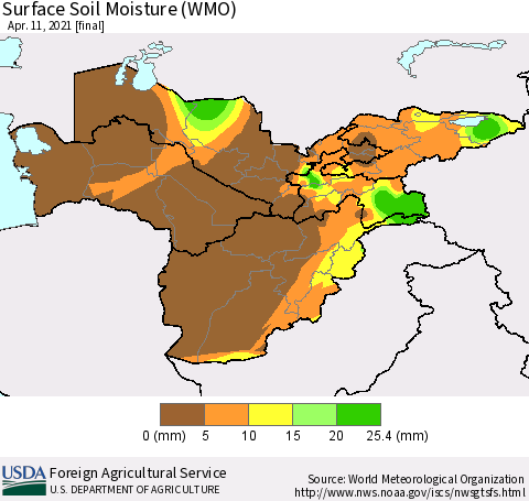 Central Asia Surface Soil Moisture (WMO) Thematic Map For 4/5/2021 - 4/11/2021