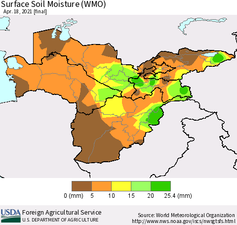 Central Asia Surface Soil Moisture (WMO) Thematic Map For 4/12/2021 - 4/18/2021