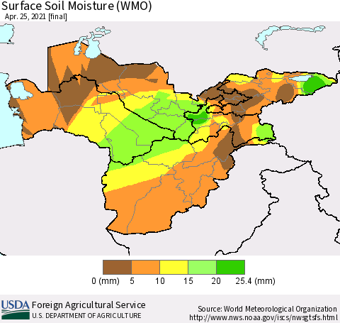 Central Asia Surface Soil Moisture (WMO) Thematic Map For 4/19/2021 - 4/25/2021