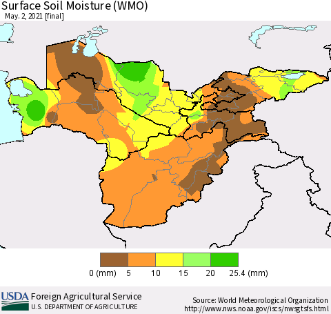 Central Asia Surface Soil Moisture (WMO) Thematic Map For 4/26/2021 - 5/2/2021