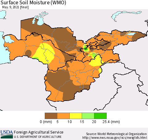 Central Asia Surface Soil Moisture (WMO) Thematic Map For 5/3/2021 - 5/9/2021