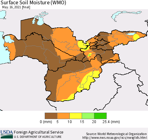 Central Asia Surface Soil Moisture (WMO) Thematic Map For 5/10/2021 - 5/16/2021
