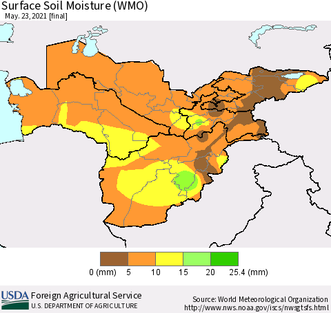 Central Asia Surface Soil Moisture (WMO) Thematic Map For 5/17/2021 - 5/23/2021