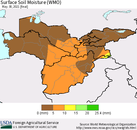 Central Asia Surface Soil Moisture (WMO) Thematic Map For 5/24/2021 - 5/30/2021