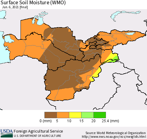 Central Asia Surface Soil Moisture (WMO) Thematic Map For 5/31/2021 - 6/6/2021