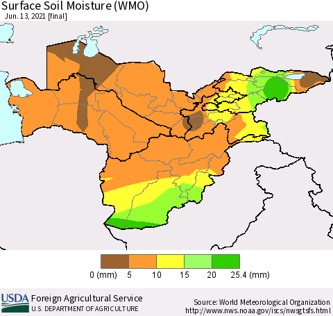 Central Asia Surface Soil Moisture (WMO) Thematic Map For 6/7/2021 - 6/13/2021
