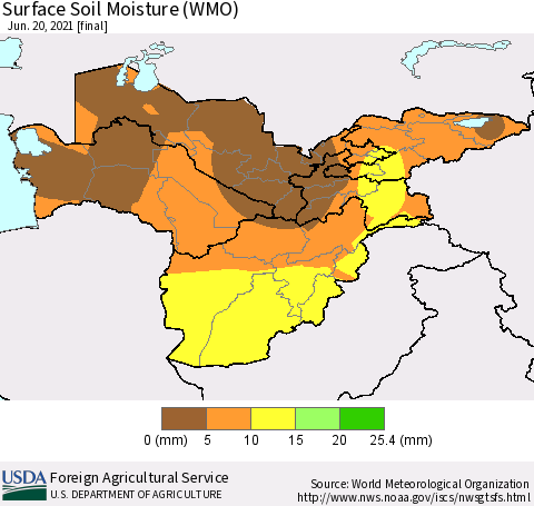 Central Asia Surface Soil Moisture (WMO) Thematic Map For 6/14/2021 - 6/20/2021