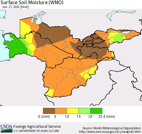 Central Asia Surface Soil Moisture (WMO) Thematic Map For 6/21/2021 - 6/27/2021