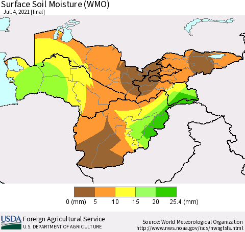 Central Asia Surface Soil Moisture (WMO) Thematic Map For 6/28/2021 - 7/4/2021