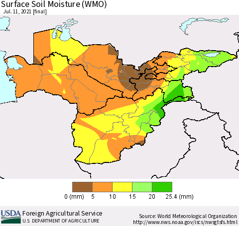 Central Asia Surface Soil Moisture (WMO) Thematic Map For 7/5/2021 - 7/11/2021