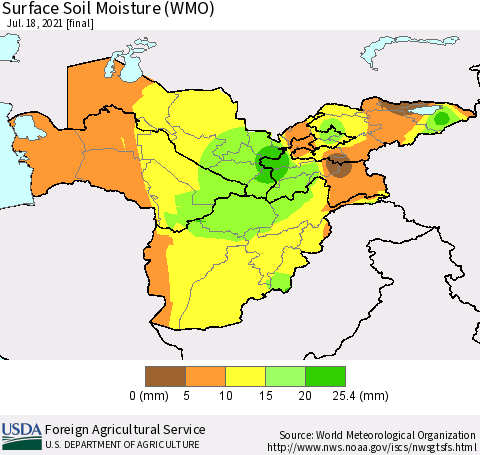 Central Asia Surface Soil Moisture (WMO) Thematic Map For 7/12/2021 - 7/18/2021