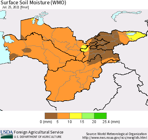 Central Asia Surface Soil Moisture (WMO) Thematic Map For 7/19/2021 - 7/25/2021