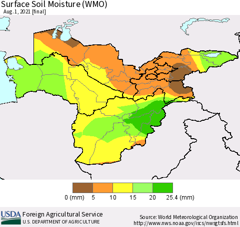 Central Asia Surface Soil Moisture (WMO) Thematic Map For 7/26/2021 - 8/1/2021
