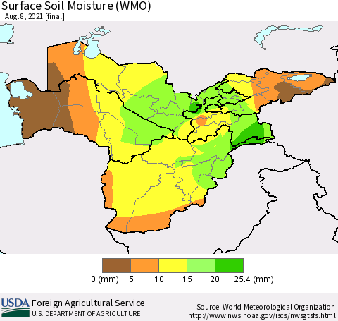 Central Asia Surface Soil Moisture (WMO) Thematic Map For 8/2/2021 - 8/8/2021