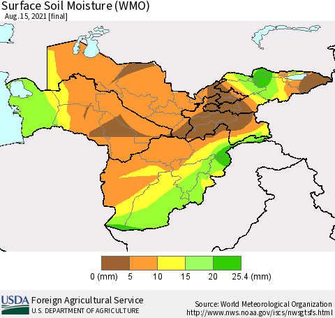 Central Asia Surface Soil Moisture (WMO) Thematic Map For 8/9/2021 - 8/15/2021