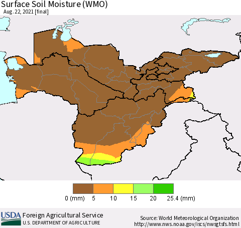 Central Asia Surface Soil Moisture (WMO) Thematic Map For 8/16/2021 - 8/22/2021