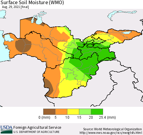 Central Asia Surface Soil Moisture (WMO) Thematic Map For 8/23/2021 - 8/29/2021