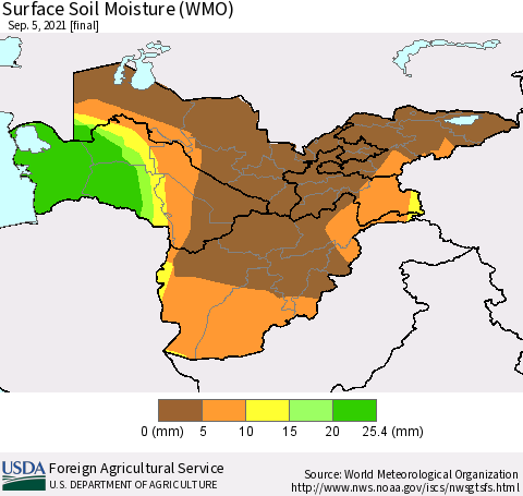 Central Asia Surface Soil Moisture (WMO) Thematic Map For 8/30/2021 - 9/5/2021